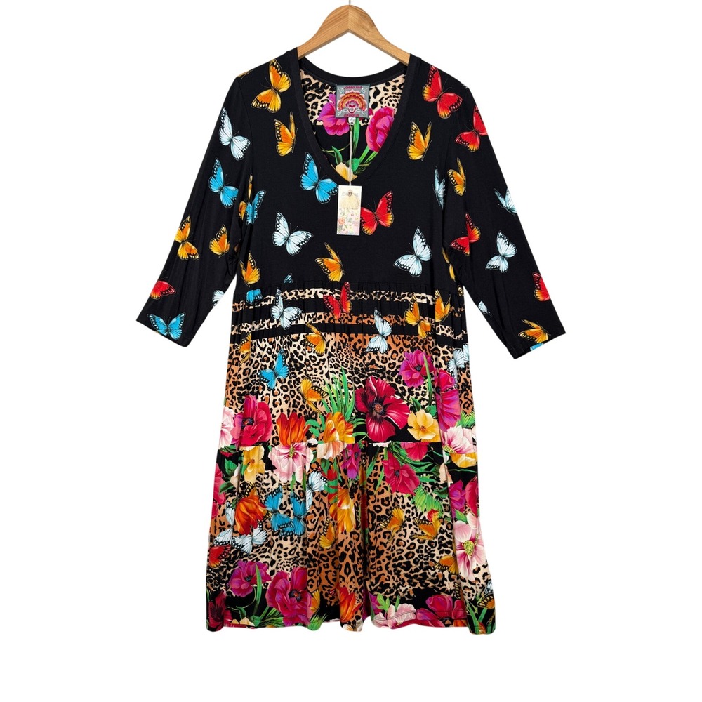 New Johnny Was Sandra 3/4 Sleeve Tiered Dress XL Black Butterfly Floral Leopard